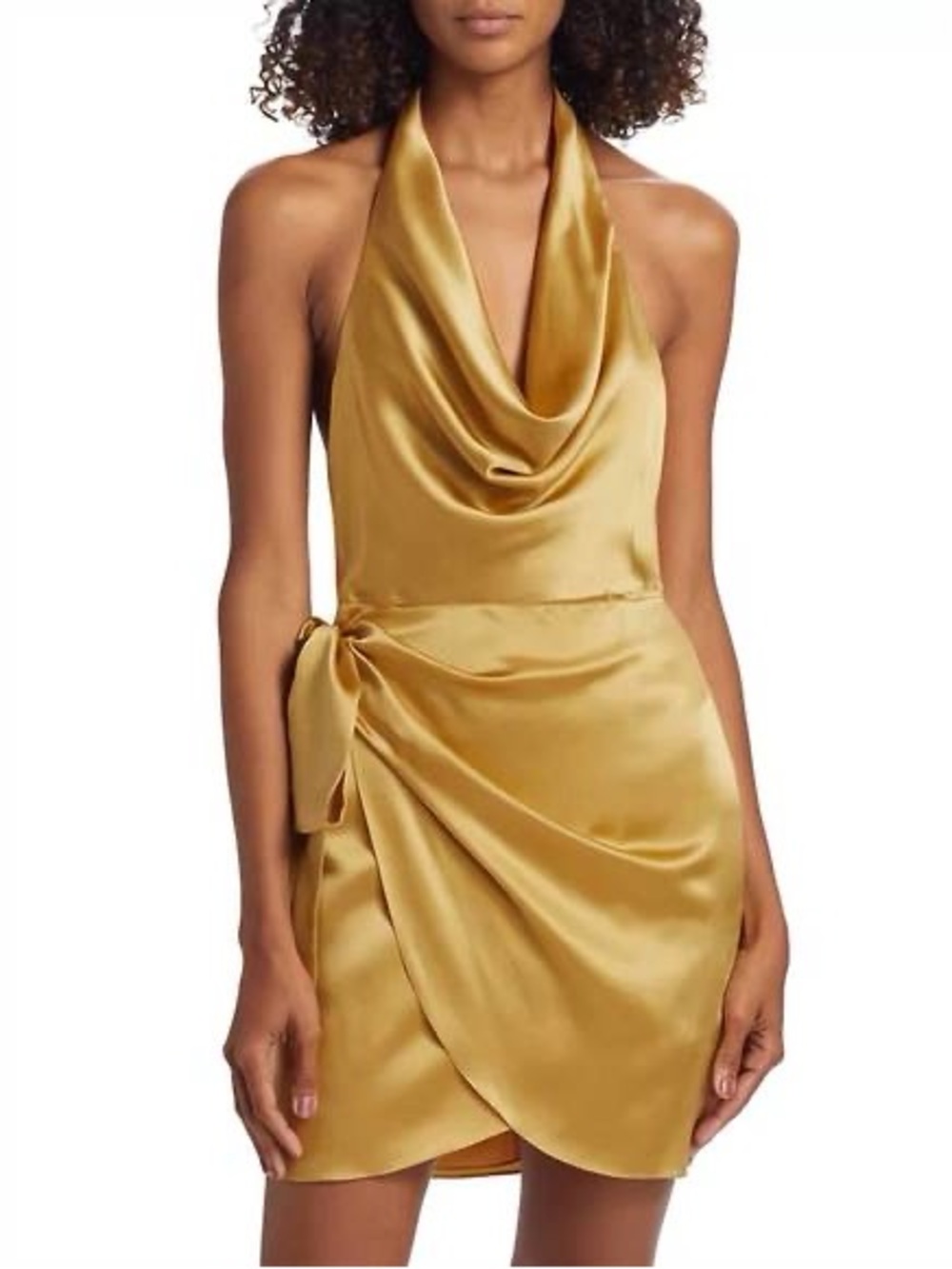 Amanda Uprichard Gold Satin Cowl One-Shoulder Wrap Dress